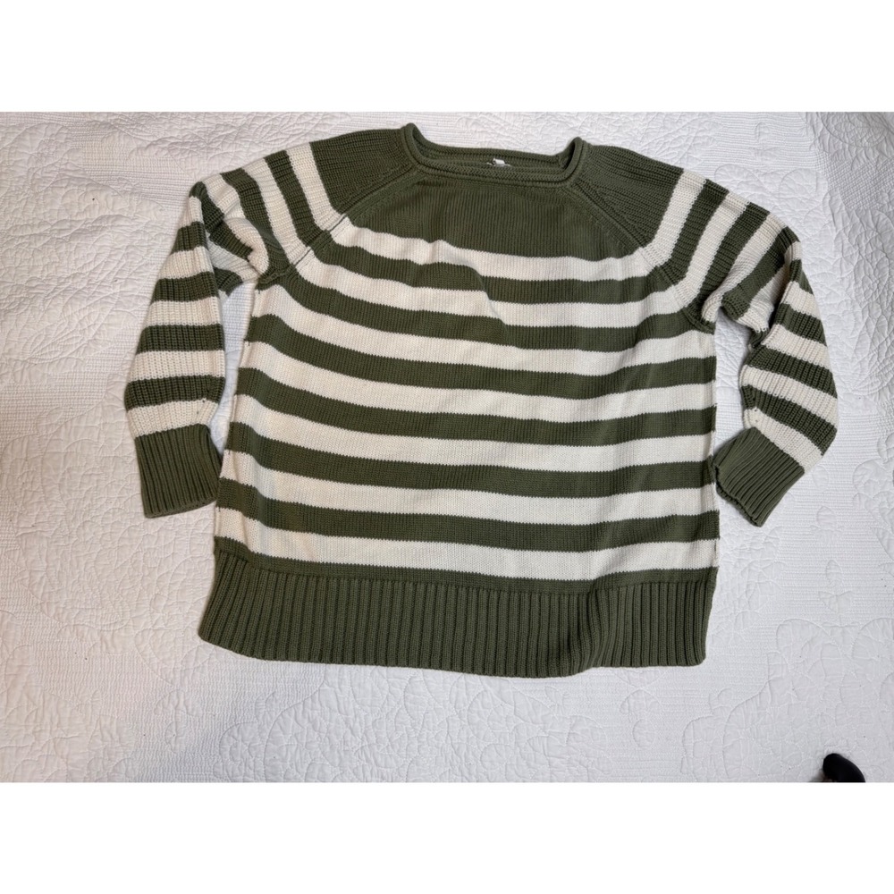 Aerie Striped Crewneck Sweater Olive Green Cream Raglan Sleeve Knit Small